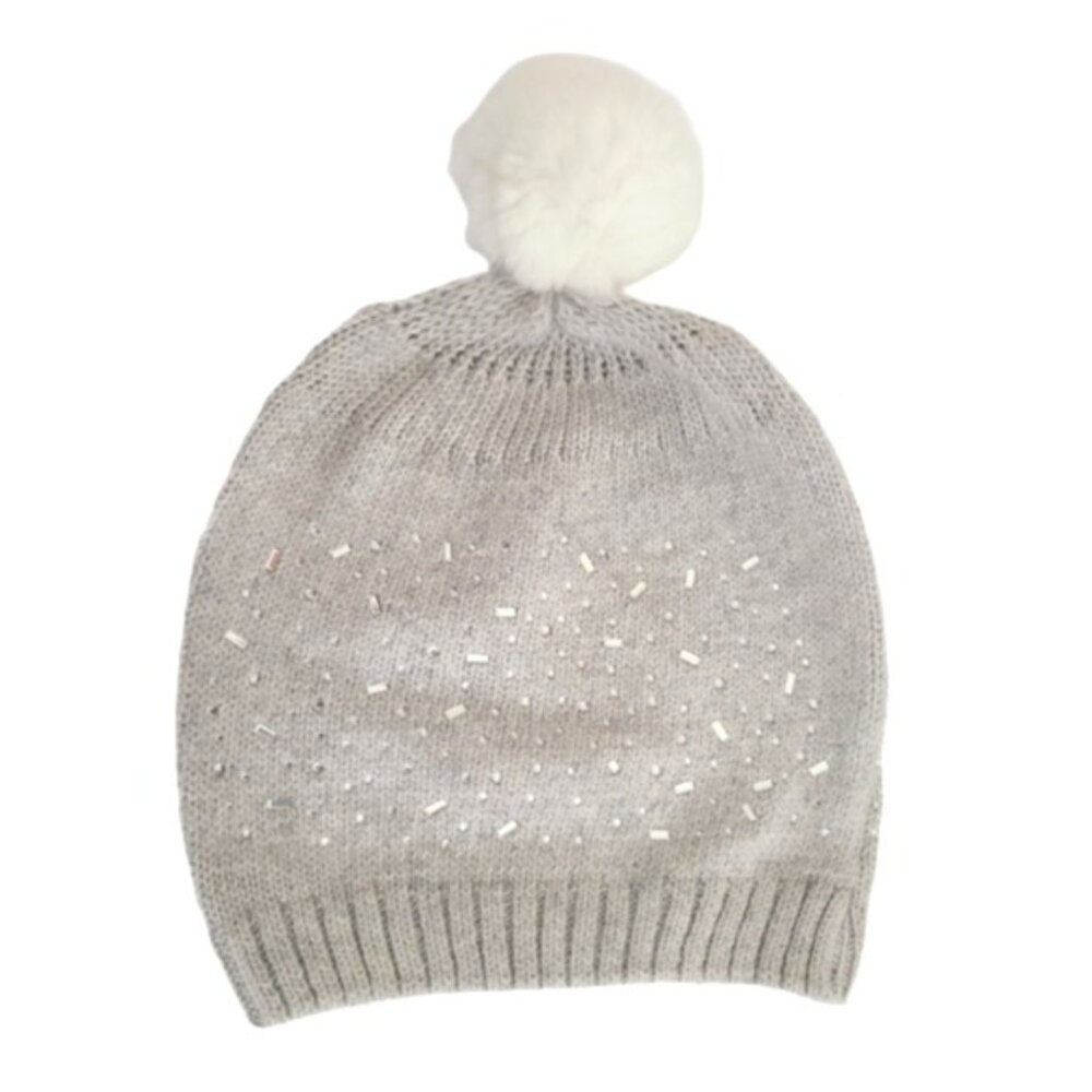 Grey Embellished Fashion Pom Pom Faux Fur Warm Fall Winter Beanie Hat Toque